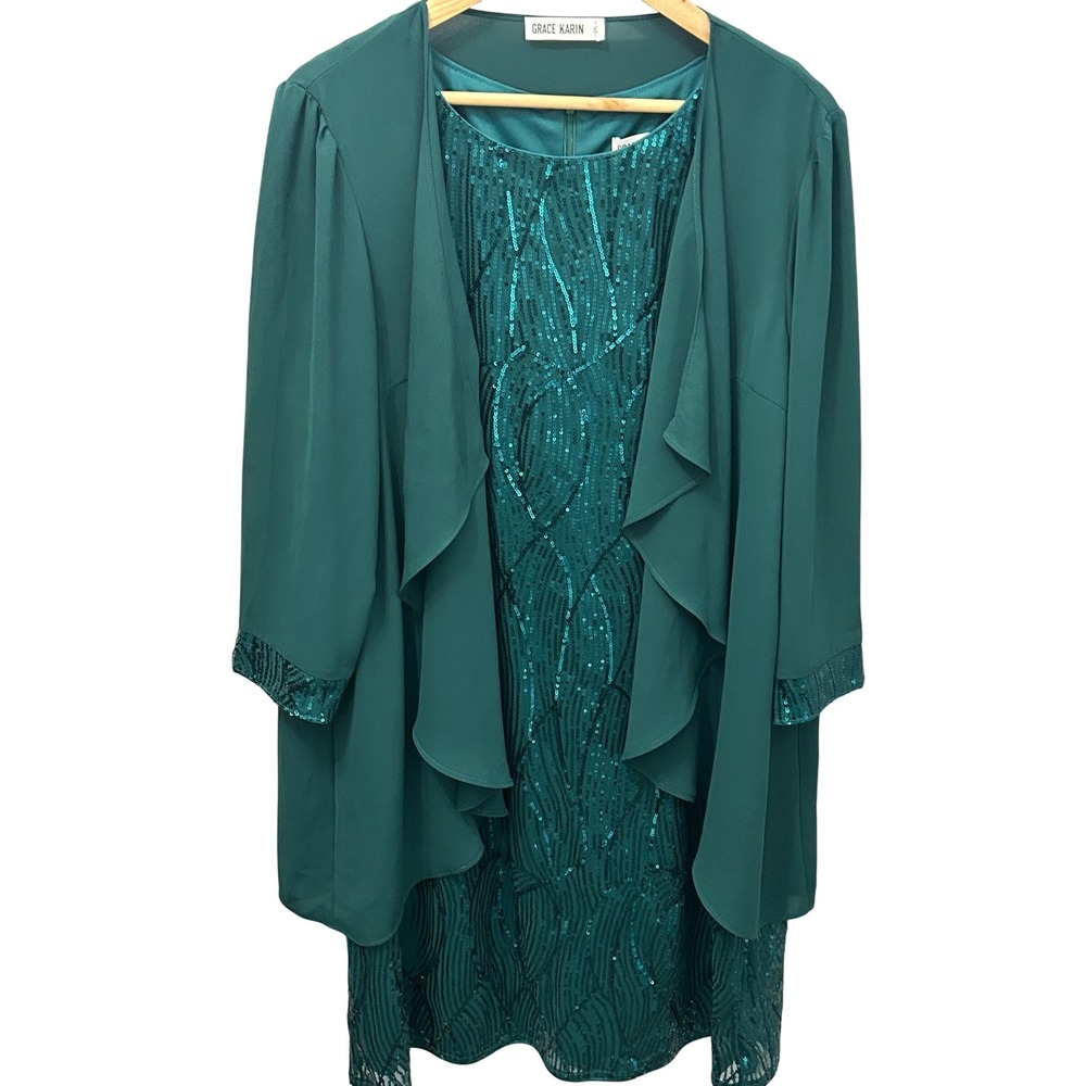 Grace Karin Emerald Sequin Fit Dress + Shawl Set Plus Size 2XL Formal